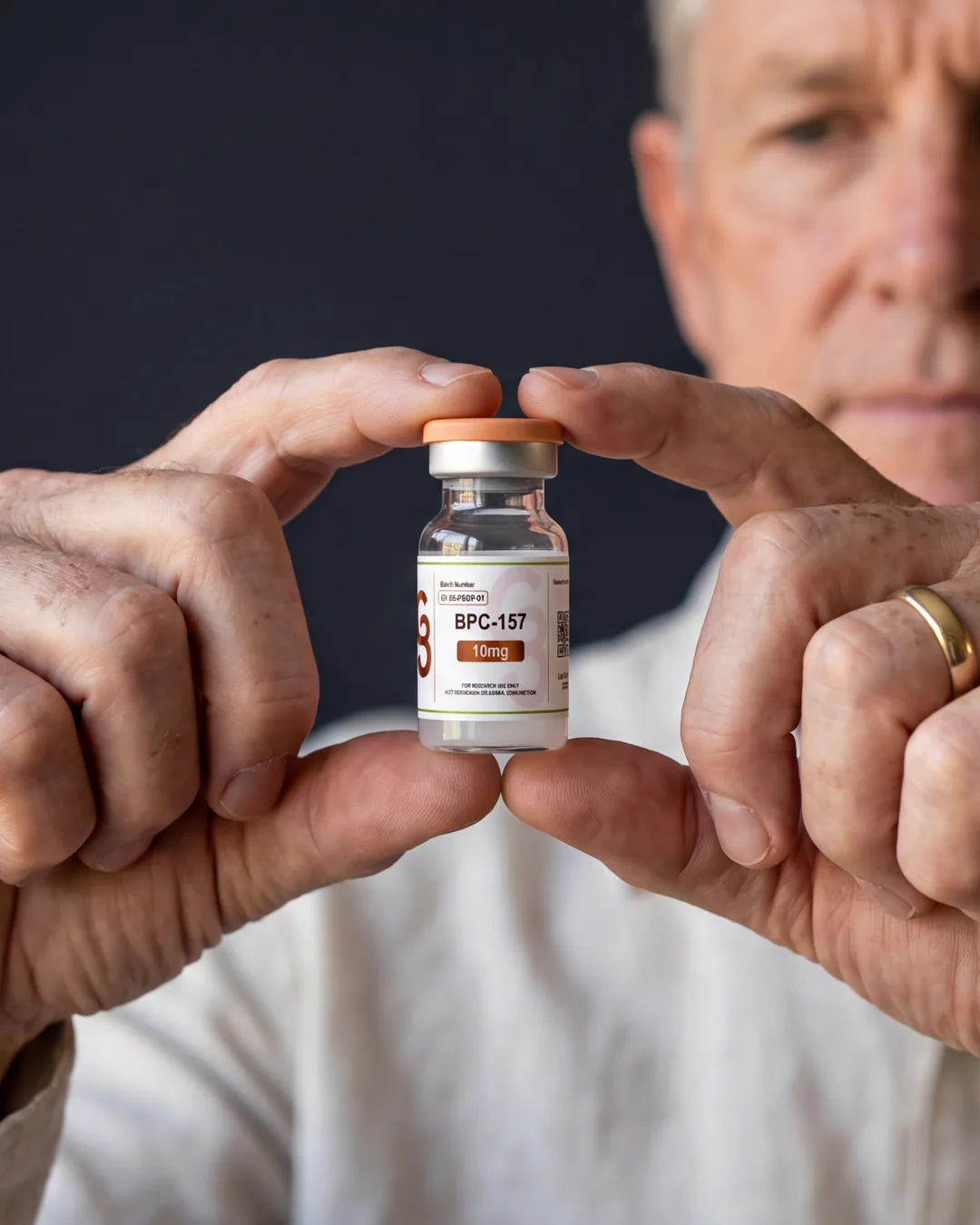 A G3 founder inspecting a BPC-157 research vial