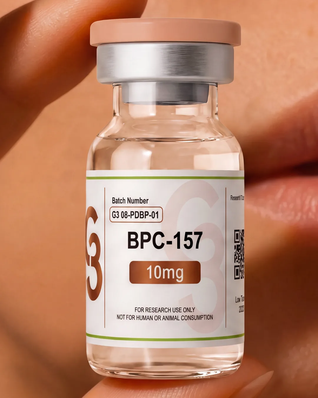 Researcher holding a G3 BPC-157 research vial